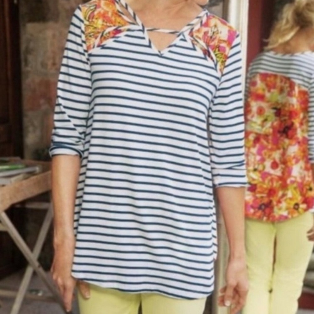 Soft Surroundings Navy Striped Floral Tunic - small. B5